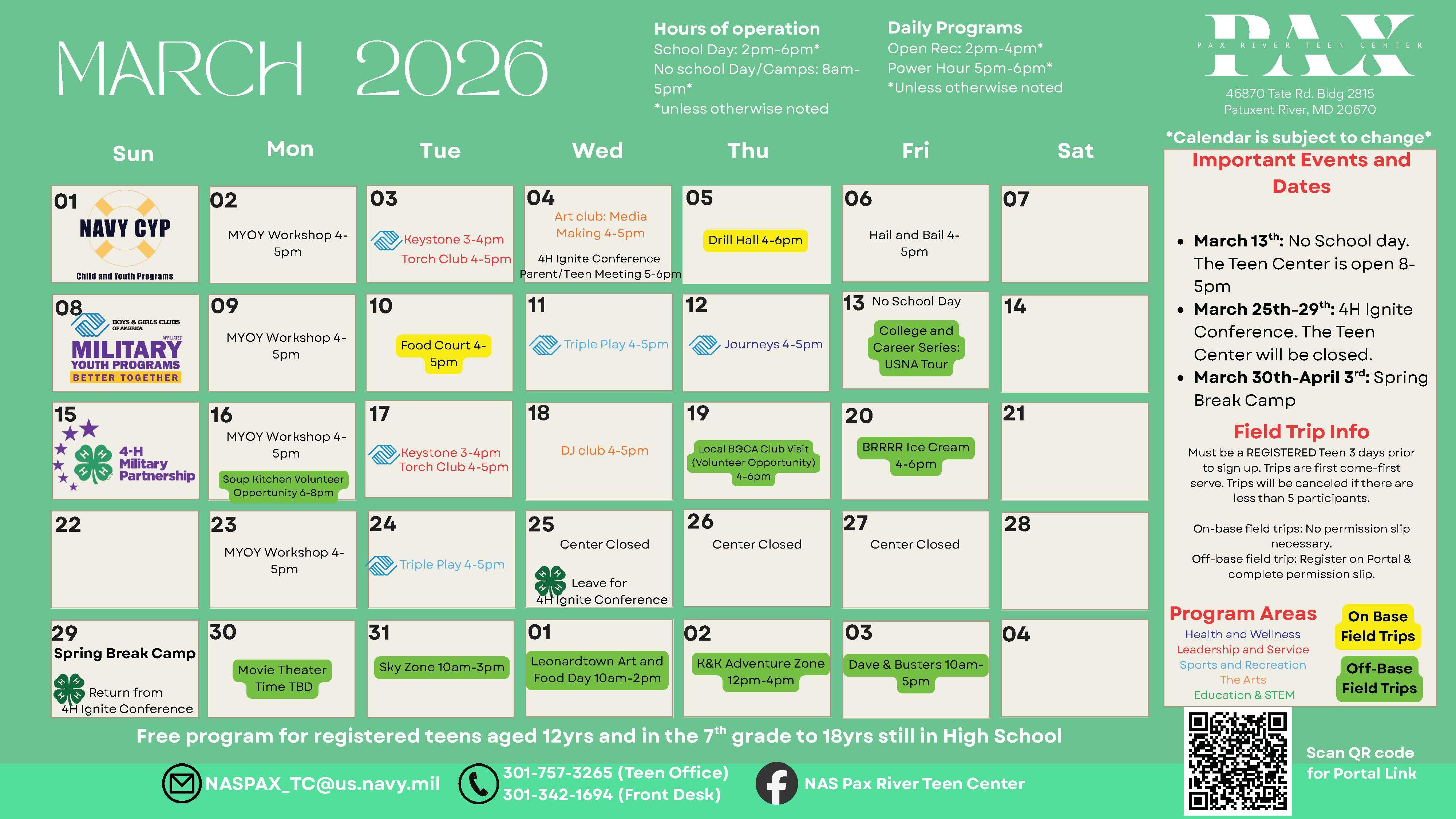 March 2026 calendar listing Teen Center events