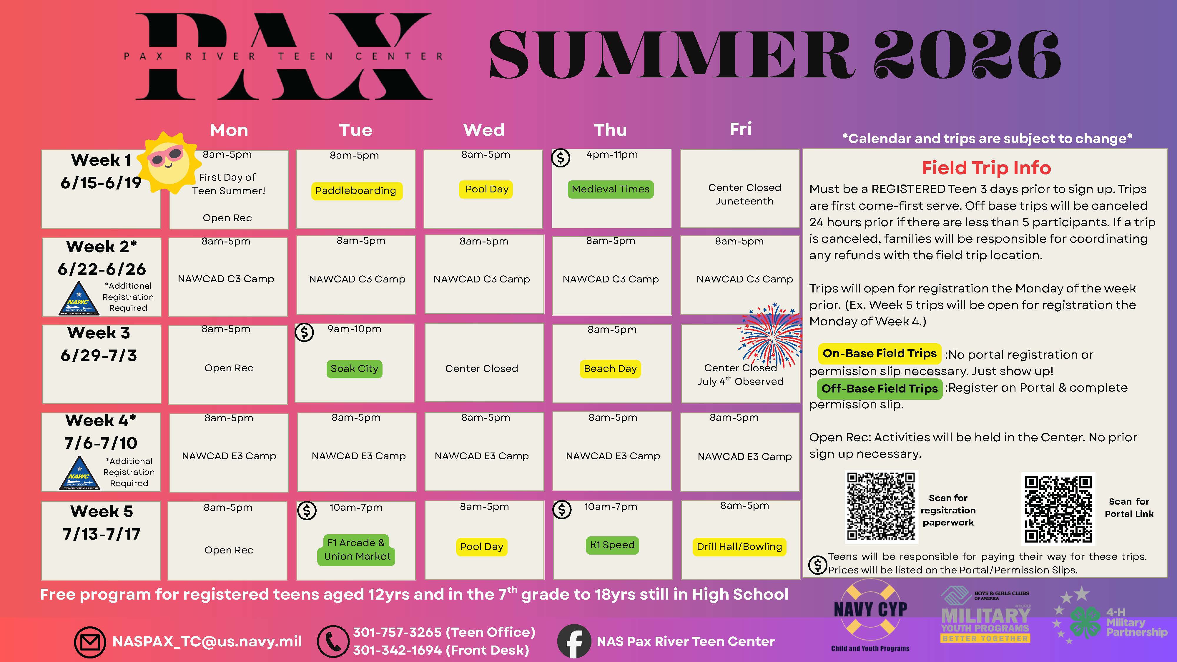 May 2026 calendar listing Teen Center events