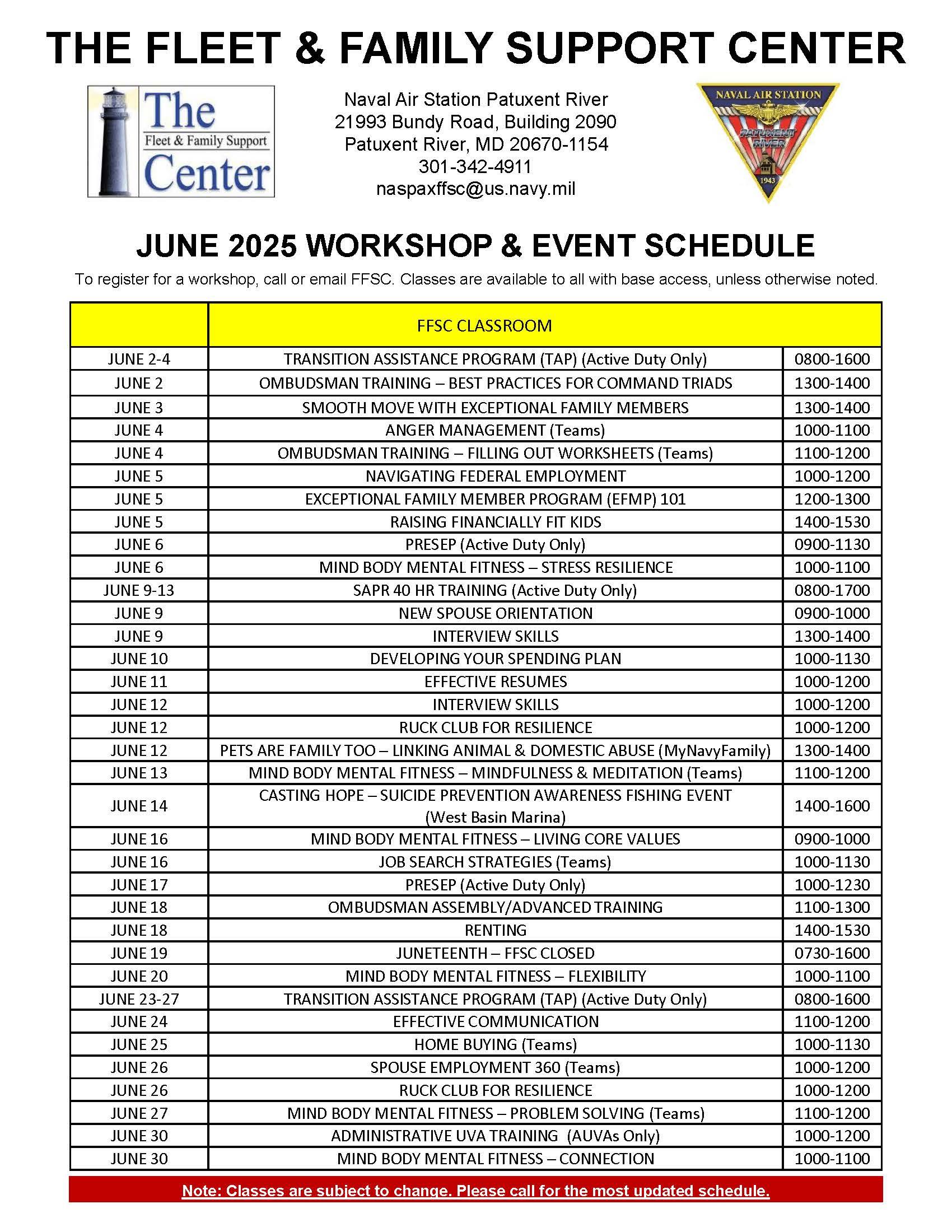 FFSC June workshop calendar