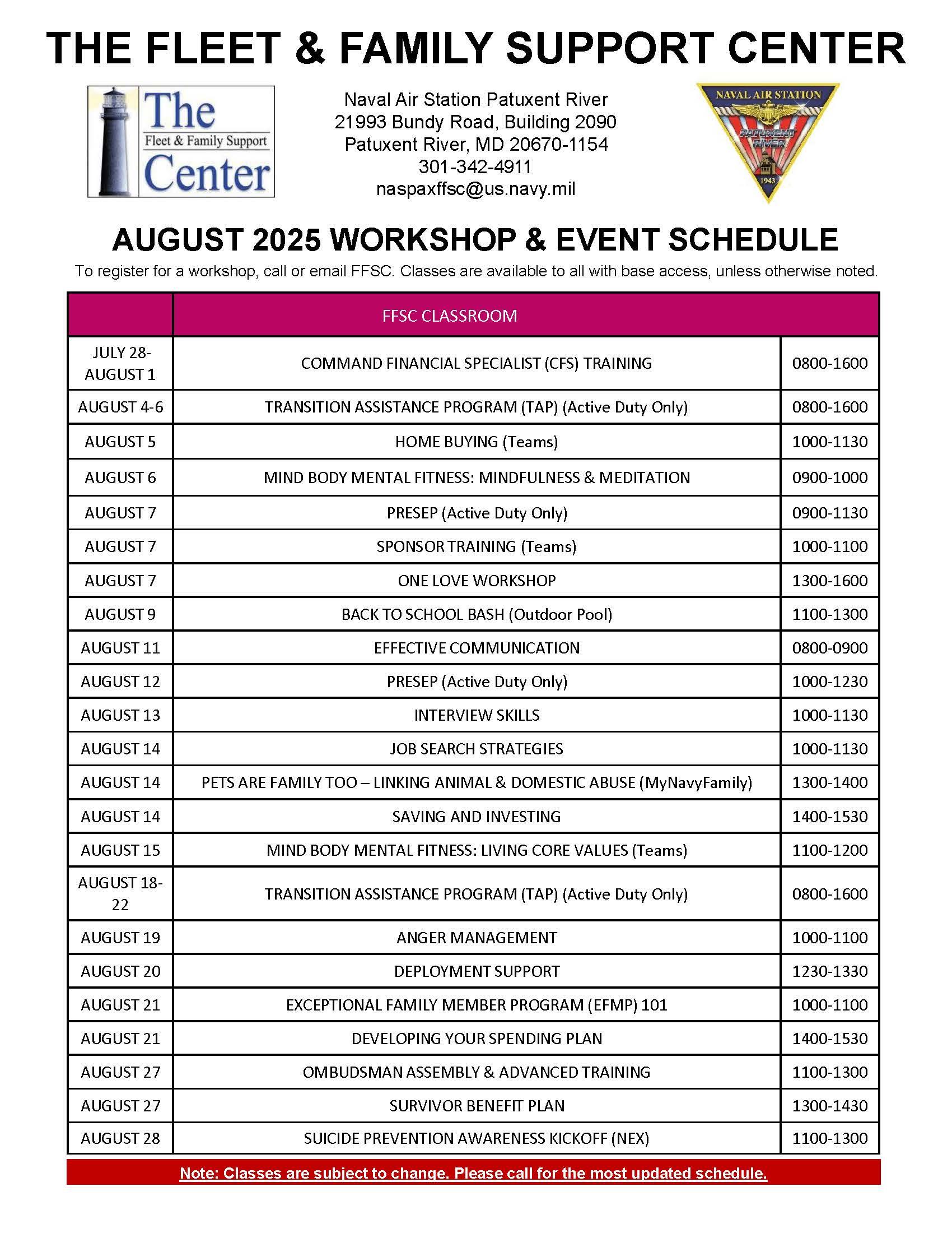 FFSC August workshop calendar