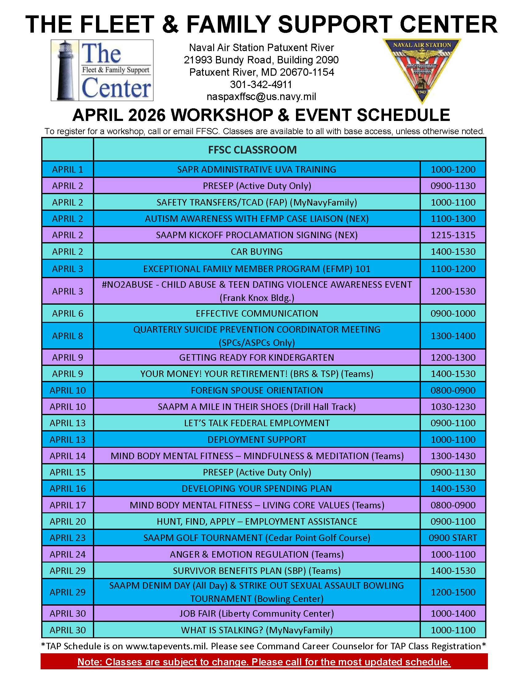 List of FFSC class dates and times for April 2026